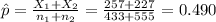\hat p=\frac{X_{1}+X_{2}}{n_{1}+n_{2}}=\frac{257+227}{433+555}=0.490