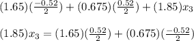 (1.65)(\frac{-0.52}{2} )+(0.675)(\frac{0.52}{2} )+(1.85)x_3\\\\(1.85)x_3= (1.65)(\frac{0.52}{2} )+(0.675)(\frac{-0.52}{2} )