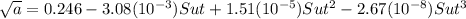 \sqrt{a}=0.246-3.08(10^{-3})Sut+1.51(10^{-5})Sut^{2}-2.67(10^{-8})Sut^{3}