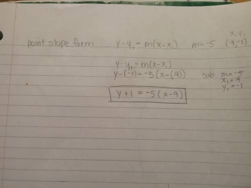 Write an equation in point-slope form of the line through point p(9, -1) with slope -5.