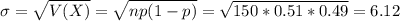 \sigma = \sqrt{V(X)} = \sqrt{np(1-p)} = \sqrt{150*0.51*0.49} = 6.12