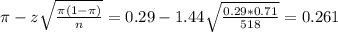 \pi - z\sqrt{\frac{\pi(1-\pi)}{n}} = 0.29 - 1.44\sqrt{\frac{0.29*0.71}{518}} = 0.261