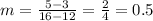 m=\frac{5-3}{16-12}=\frac{2}{4}=0.5