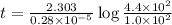 t=\frac{2.303}{0.28\times 10^{-5}}\log\frac{4.4\times 10^2}{1.0\times 10^2}
