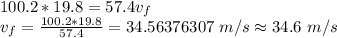 100.2*19.8=57.4v_f\\v_f=\frac {100.2*19.8}{57.4}=34.56376307\ m/s\approx 34.6\ m/s