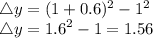 \triangle y= (1 + 0.6)^{2}  -  {1}^{2}  \\ \triangle y =  {1.6}^{2}  - 1 = 1.56