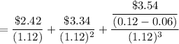 =\dfrac{\$2.42}{(1.12)}+\dfrac{\$3.34}{(1.12)^{2}}+\dfrac{\dfrac{\$3.54}{(0.12-0.06)}}{(1.12)^{3}}