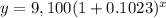 y=9,100(1+0.1023)^x