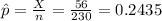 \hat p=\frac{X}{n}=\frac{56}{230}=0.2435