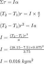 \Sigma \tau = I\alpha \\\\(T_2- T_1)r = I \times \frac{a}{r} \\\\(T_2- T_1)r^2  =I a\\\\I = \frac{(T_2- T_1)r^2}{a} \\\\I = \frac{(18.15 - 7.5) \times 0.075^2}{3.75} \\\\I  =0.016 \ kg m^2