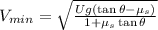 V_{min} = \sqrt{\frac{Ug( \tan \theta - \mu_s)}{1+ \mu_s \tan \theta} }