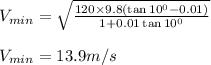 V_{min} = \sqrt{\frac{120 \times 9.8(\tan 10^0 - 0.01)}{1+0.01 \tan 10^0} } \\\\V_{min} = 13.9m/s
