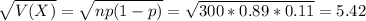 \sqrt{V(X)} = \sqrt{np(1-p)} = \sqrt{300*0.89*0.11} = 5.42