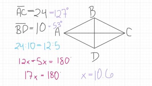 The diagonals of a rhombus measure 10 cm and 24 cm. To the nearest degree find the measures of the a