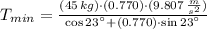 T_{min} = \frac{(45\,kg)\cdot (0.770)\cdot (9.807\,\frac{m}{s^{2}} )}{\cos 23^{\textdegree}+(0.770)\cdot \sin 23^{\textdegree}}