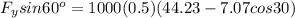 F_ysin 60^o = 1000 (0.5) (44.23 -7.07 cos 30)