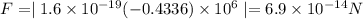 F=\mid 1.6\times 10^{-19}(-0.4336)\times 10^6\mid =6.9\times 10^{-14} N