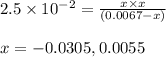 2.5\times 10^{-2}=\frac{x\times x}{(0.0067-x)}\\\\x=-0.0305,0.0055