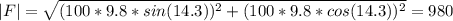 |F|=\sqrt{(100*9.8*sin(14.3))^2+(100*9.8*cos(14.3))^2} =980