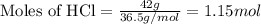 \text{Moles of HCl}=\frac{42g}{36.5g/mol}=1.15mol