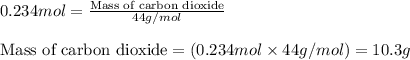 0.234mol=\frac{\text{Mass of carbon dioxide}}{44g/mol}\\\\\text{Mass of carbon dioxide}=(0.234mol\times 44g/mol)=10.3g