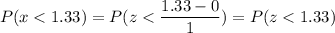 P( x < 1.33) = P( z < \displaystyle\frac{1.33 - 0}{1}) = P(z < 1.33)