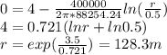 0=4-\frac{400000}{2\pi *88254.24 } ln(\frac{r}{0.5} )\\4=0.721(lnr+ln0.5)\\r=exp(\frac{3.5}{0.721} )=128.3m