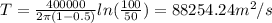 T=\frac{400000}{2\pi (1-0.5)} ln(\frac{100}{50} )=88254.24m^{2} /s