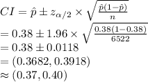 CI=\hat p\pm z_{\alpha/2}\times \sqrt{\frac{\hat p(1-\hat p)}{n}}\\=0.38\pm 1.96\times \sqrt{\frac{0.38(1-0.38)}{6522}}\\=0.38\pm 0.0118\\=(0.3682, 0.3918)\\\approx (0.37, 0.40)