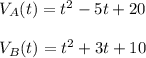 V_A(t) =t^2-5t+20\\\\V_B(t)=t^2+3t+10