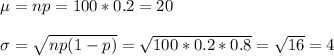 \mu=np=100*0.2=20\\\\\sigma=\sqrt{np(1-p)}=\sqrt{100*0.2*0.8}=\sqrt{16}=4