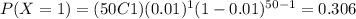 P(X=1)=(50C1)(0.01)^1 (1-0.01)^{50-1}=0.306