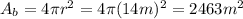 A_b=4\pi r^2=4\pi (14m)^2=2463m^2