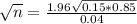 \sqrt{n} = \frac{1.96\sqrt{0.15*0.85}}{0.04}