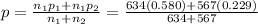 p = \frac{n_{1}p_{1} + n_{1}p_{2}}{n_{1}+n_{2}} = \frac{634(0.580)+567(0.229)}{634+567}