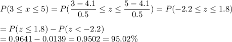 P(3 \leq x \leq 5) = P(\displaystyle\frac{3 - 4.1}{0.5} \leq z \leq \displaystyle\frac{5-4.1}{0.5}) = P(-2.2 \leq z \leq 1.8)\\\\= P(z \leq 1.8) - P(z < -2.2)\\= 0.9641- 0.0139 = 0.9502= 95.02\%