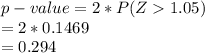 p-value=2*P(Z1.05)\\=2*0.1469\\=0.294