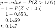 p-value=P(Z1.05)\\=1-P(Z