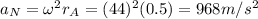 a_N=\omega^2r_A=(44)^2(0.5)=968m/s^2