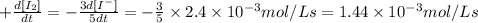 +\frac{d[I_2]}{dt}=-\frac{3d[I^-]}{5dt}=-\frac{3}{5}\times 2.4\times 10^{-3}mol/Ls=1.44\times 10^{-3}mol/Ls