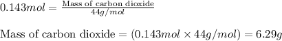 0.143mol=\frac{\text{Mass of carbon dioxide}}{44g/mol}\\\\\text{Mass of carbon dioxide}=(0.143mol\times 44g/mol)=6.29g