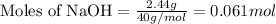 \text{Moles of NaOH}=\frac{2.44g}{40g/mol}=0.061mol