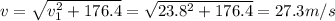 v=\sqrt{v_{1}^{2}+176.4  } =\sqrt{23.8^{2}+176.4 } =27.3m/s