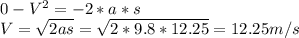 0-V^{2} =-2*a*s\\V=\sqrt{2as} =\sqrt{2*9.8*12.25} =12.25m/s