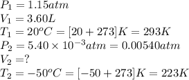 P_1=1.15atm\\V_1=3.60L\\T_1=20^oC=[20+273]K=293K\\P_2=5.40\times 10^{-3}atm=0.00540atm\\V_2=?\\T_2=-50^oC=[-50+273]K=223K