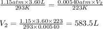 \frac{1.15atm\times 3.60L}{293K}=\frac{0.00540atm\times V_2}{223K}\\\\V_2=\frac{1.15\times 3.60\times 223}{293\times 0.00540}=583.5L
