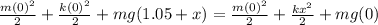 \frac{m(0)^2}{2} +\frac{k(0)^2}{2} +mg(1.05+x)=\frac{m(0)^2}{2} +\frac{kx^2}{2} +mg(0)