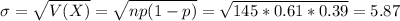 \sigma = \sqrt{V(X)} = \sqrt{np(1-p)} = \sqrt{145*0.61*0.39} = 5.87