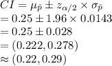 CI=\mu_{\hat p}\pm z_{\alpha/2}\times \sigma_\hat p}\\=0.25\pm 1.96\times 0.0143\\=0.25\pm0.028\\=(0.222, 0.278)\\\approx(0.22, 0.29)