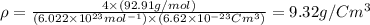 \rho=\frac{4\times (92.91g/mol)}{(6.022\times 10^{23}mol^{-1}) \times (6.62\times 10^{-23}Cm^3)}=9.32g/Cm^{3}